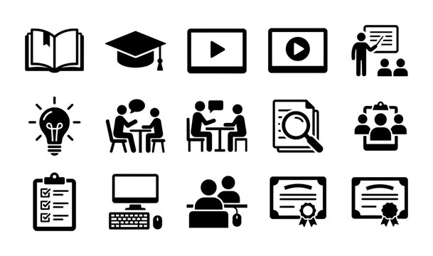 Education icons, learning symbols, teaching graphics, school illustrations