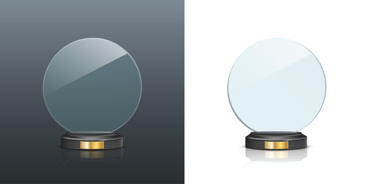 Glass award trophy set. Crystal winner prizes. Acrylic winner cups. Realistic vector illustration collection of trophy for sport competition, business achievement, recognition, celebration ceremony.
