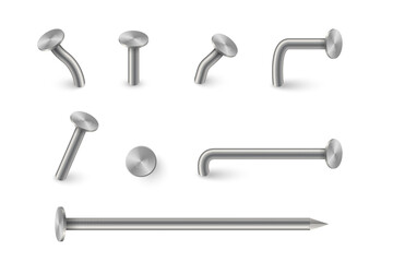 Obraz premium Metal nails collection. Realistic 3D iron nails hammered into wall. Metallic straight and bent hardware spikes. Steel hardware for carpentry projects. Realistic vector illustration set.