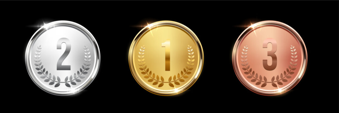 Gold, silver, and bronze medals with laurel wreaths and numbers 1, 2, 3. 3D award icons for first, second, and third place in sports, competitions, athletic events. Realistic vector illustration.