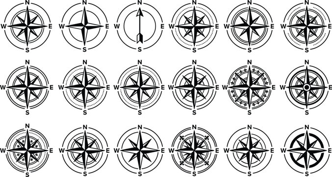 Sixteen unique compass rose designs showcasing decorative navigation symbols with cardinal directions for maps and nautical themes