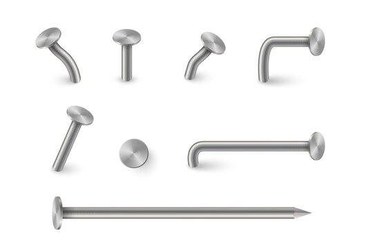 Metal nails collection. Realistic 3D iron nails hammered into wall. Metallic straight and bent hardware spikes. Steel hardware for carpentry projects. Realistic vector illustration set.