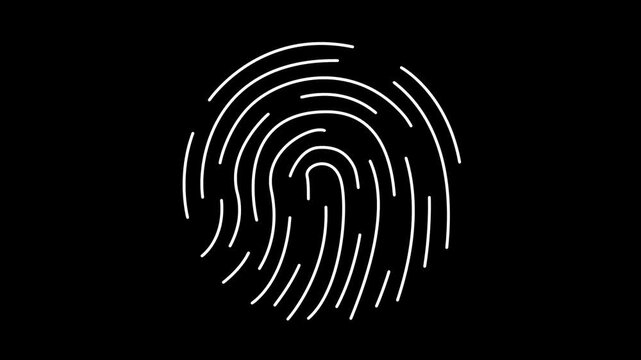 White lines animating to draw a unique human fingerprint over a black background.