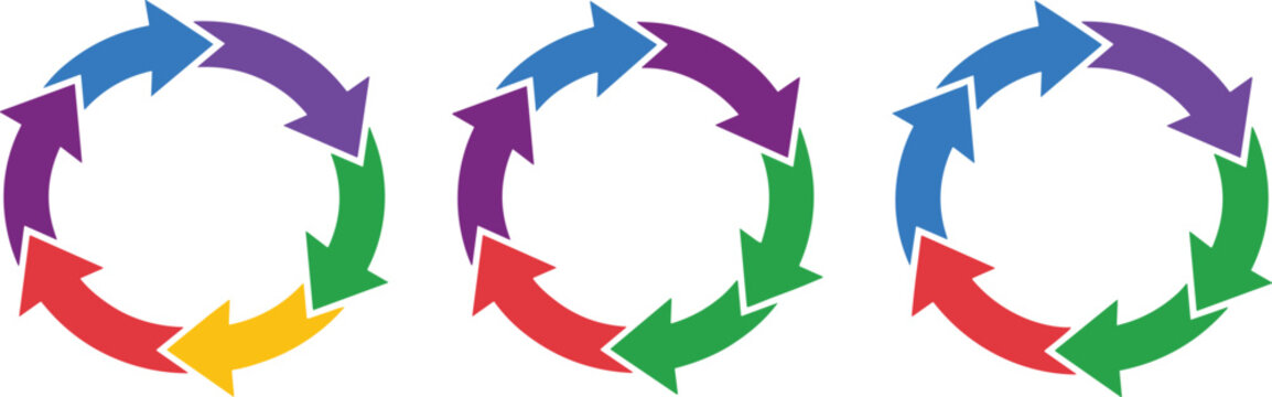 Three colorful circular arrow diagrams illustrating continuous workflow cycles, iterative process loops, and sustainable improvement concepts