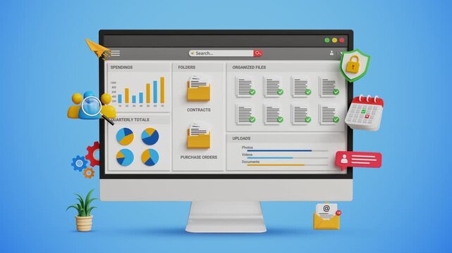 Digital Document Management System Concept. DMS. Organizing Documentation Workflow. Secure Cloud Storage. Project Planning, Files Sharing. Organized Documents Workflow on Computer. 4K 3D Video