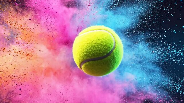 A vibrant tennis ball surrounded by colorful, exploding abstract paint art