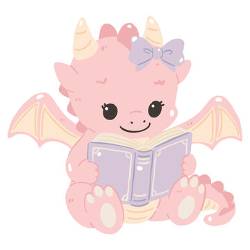 Cute Dragon Reading a Book Illustration