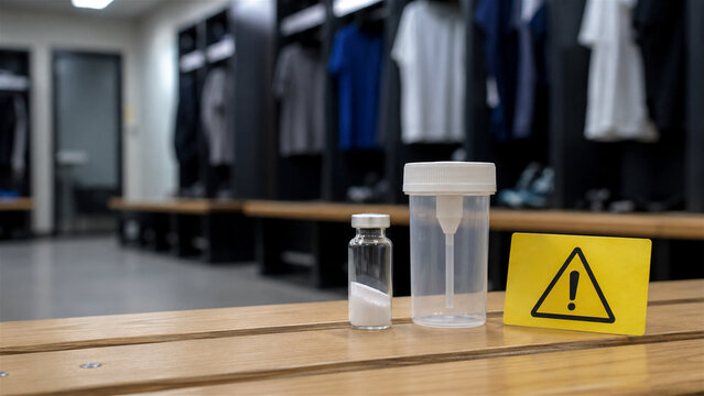 doping test kit in athlete locker room. Urine sample container with white powder vial and warning sign. Concept of sports drug use, anti doping control analysis and banned substance