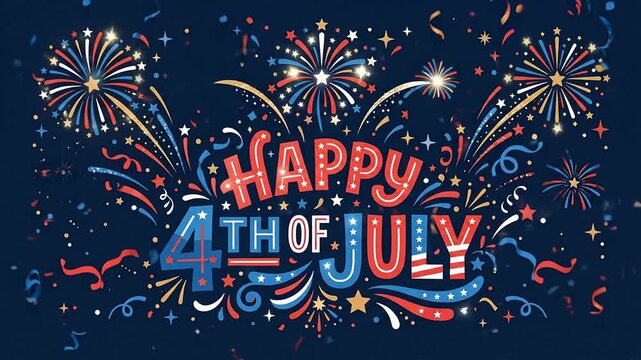 Celebratory firework display and festive graphics for 4th of July independence holiday celebration