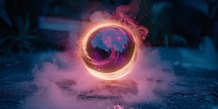 Mystical Orb Displaying Infinite Patterns, Glowing with Particles in a Dreamlike Ethereal Scene.