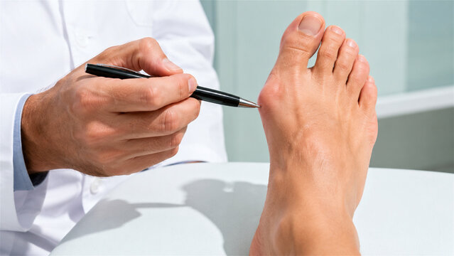 podiatrist examining woman foot with bunion. Doctor pointing at hallux valgus deformity on big toe. Medical consultation in clinic. Healthcare diagnosis and orthopedic treatment concept
