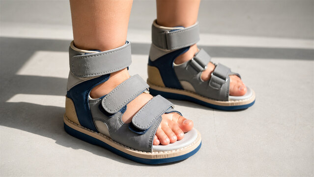 kid wearing orthopedic sandals for foot correction. Child standing in special medical footwear for flatfoot treatment. Health and development trend in rehabilitation therapy