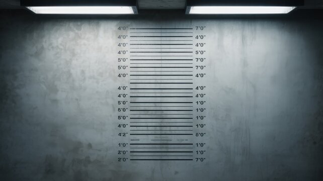 Empty police lineup background with height measurement scale on a gritty concrete wall