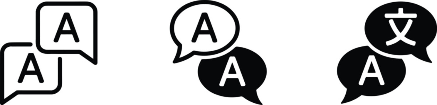 Set of three speech bubble icons with letter A and cross symbol isolated on transparent background
