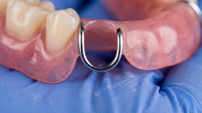 Partial Denture Held by Gloved Hand for Dental Care.