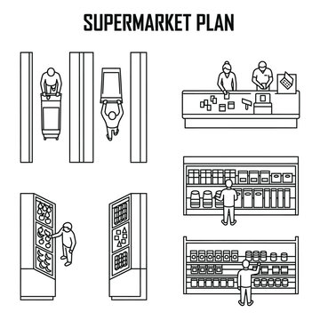 Supermarket layout plan with aisles shelves checkout counters floor plan black and white food store supermarket