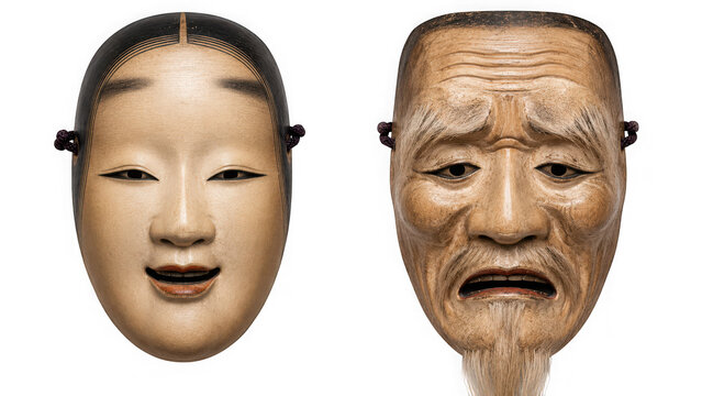 Traditional japanese noh theater wooden masks isolated on transparent background