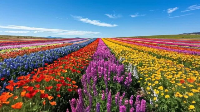 Vibrant rows of colorful flowers bloom under a bright, clear, blue sky