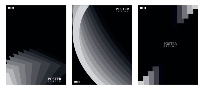 Minimal black and white abstract geometric poster template pack. Modern monochrome step and wave pattern covers.