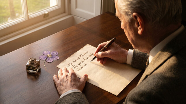 Over the shoulder view of a senior man composing a handwritten love letter at a wooden desk, a pressed violet beside the ink well, afternoon