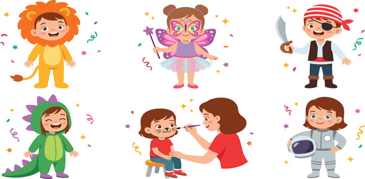 Cute Kids Costume Party Vector Icon Set with Children Dressed as Lion Fairy Pirate Astronaut Dinosaur and Face Painting Activity