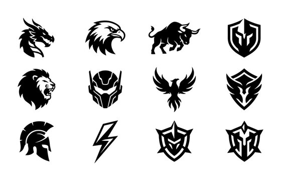 Black animal logos, shields, and emblems, vector icon set