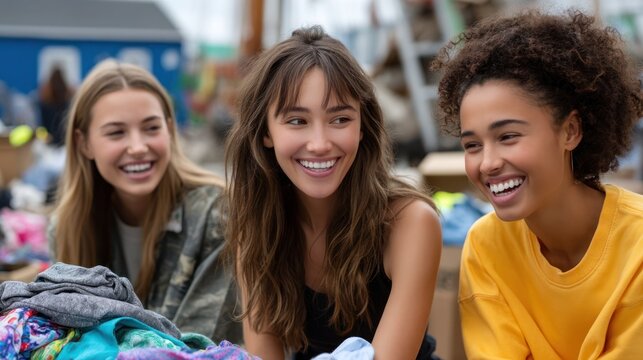Friends laughing together while sorting clothes for donation and sustainable reuse