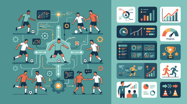 Detailed infographic illustration of soccer players integrated with data analytics nodes, featuring performance tracking dashboards, statistical charts, and sports science icons.