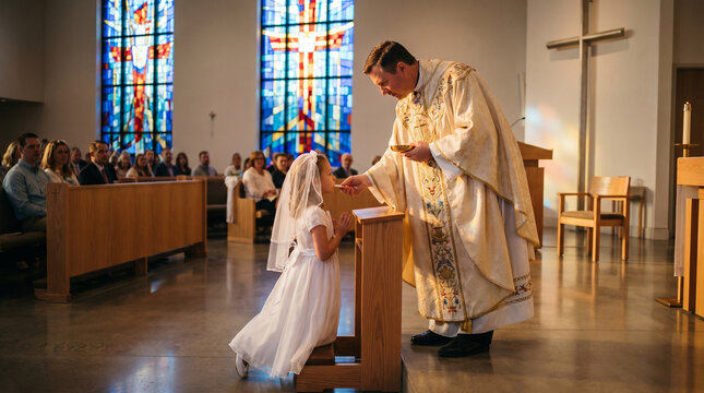 A priest in full vestments administers first communion to a kneeling child, golden hour light pouring through stained glass onto both figure