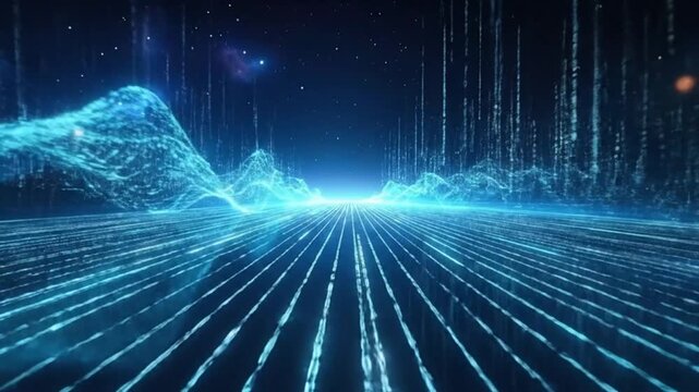 Abstract digital landscape with glowing lines and data streams in the dark