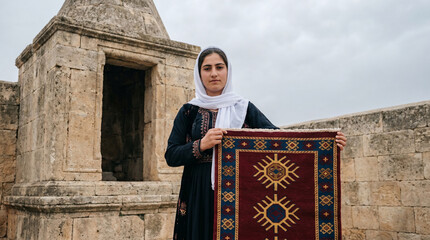 Fototapeta premium A young Yazidi woman holds a handwoven textile bearing traditional sun symbols outside a stone shrine, overcast sky deepening the colors, he