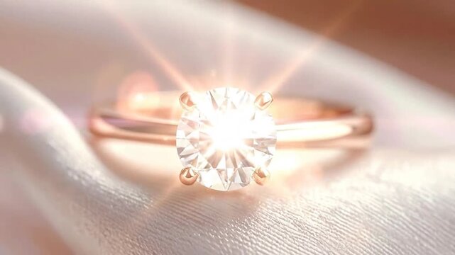 A beautiful gold ring with a sparkling gemstone on a soft, silky fabric