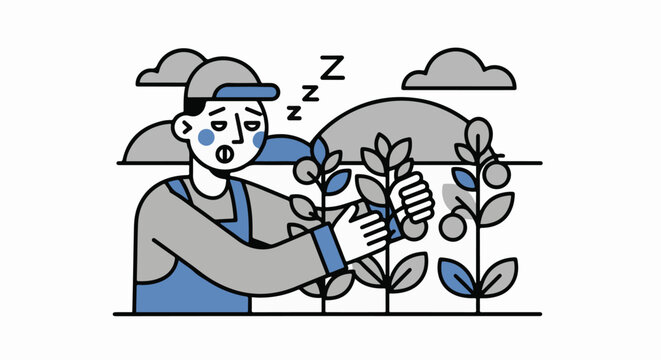 Illustration of gardener tending plants while sleeping peacefully.