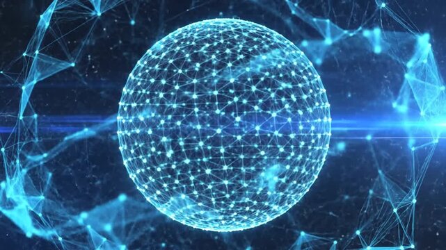 Abstract digital sphere with connected lines and dots on a dark background