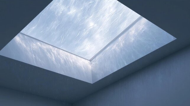 Square-shaped skylight in a room with a dark blue wall. the ceiling is made up of a series of curved lines that create a wave-like pattern.
