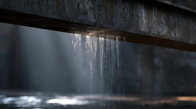 Close-up of a wooden beam with water droplets cascading down from it. the beam appears to be old and weathered, with visible cracks and chips in the wood.