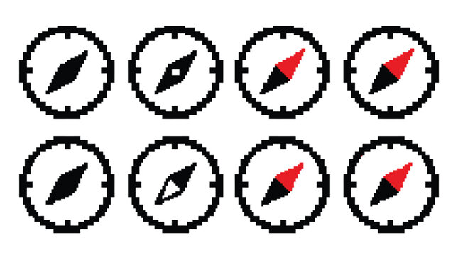 Collection of eight pixel art compass icons showing different needle directions for navigation and orientation tasks