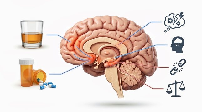 Illustrated Brain With Alcohol Pills and Mental Health Icons on Light Background