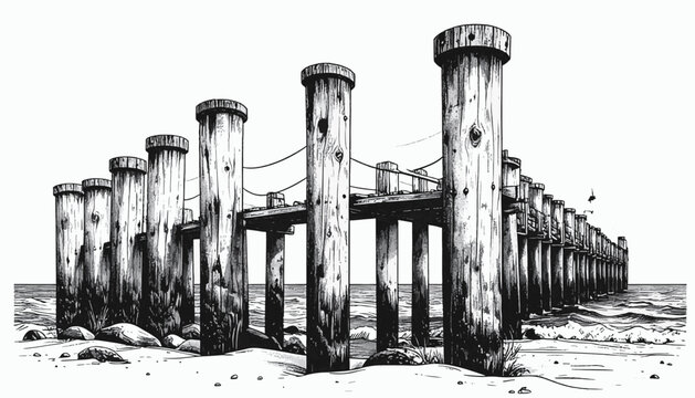 Ink sketch of wooden jetty pylons standing in water at the beach