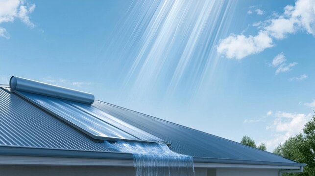 Roof of a house with solar panels on it. the solar panels are arranged in a grid-like pattern and are attached to the roof with a metal pipe.