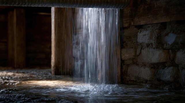 Long, flowing stream of water cascading down from a wooden pipe in an old, dilapidated room.