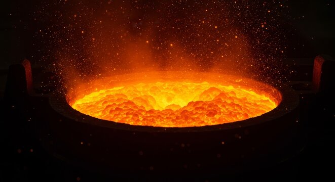 Molten metal glowing in industrial foundry crucible. Liquid iron ore melting in furnace. Manufacturing steel process, metallurgy, heat energy, heavy industry and factory production concept.