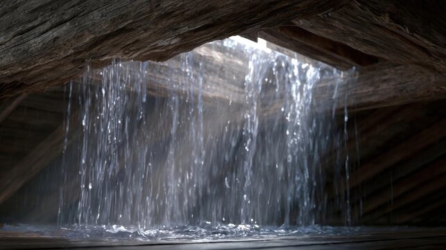 Close-up of a small waterfall cascading down from the ceiling of an old wooden structure. the water is flowing down from a wooden beam that is supported by wooden beams.