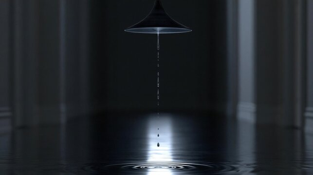 Dark room with a pendant light hanging from the ceiling. the light is in the shape of a triangle and is suspended in mid-air, creating a ripple effect on the floor below.