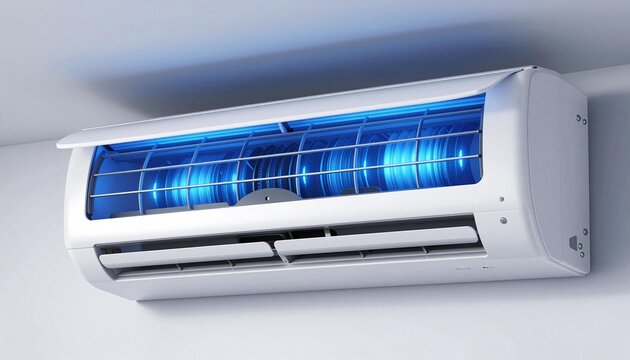 Wall-mounted split air conditioner indoor unit with blue illuminated cooling coils and adjustable vents for room temperature control
