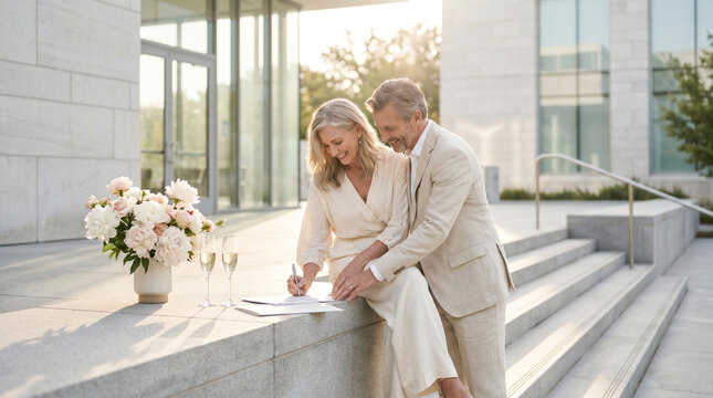 Two middle-aged partners sign paperwork at a courthouse steps, dressed festively, champagne flutes waiting on a stone ledge beside fresh peo 2