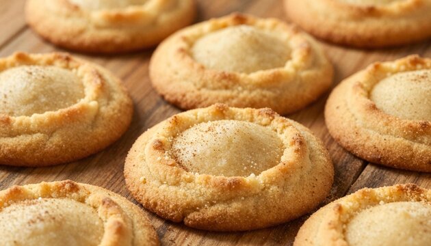 Golden round thumbprint cookies with pale creamy center, sprinkled with sugar and cinnamon on a rustic wooden surface