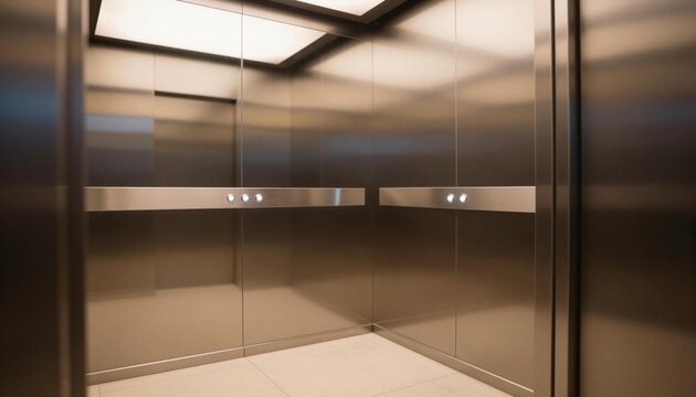 Modern stainless steel elevator interior with mirrored walls, handrails, recessed ceiling lights, and reflective metallic panels
