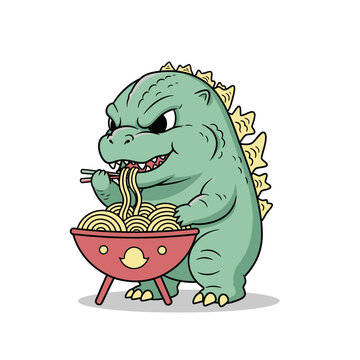 Funny Godzilla Eating Noodles with Chopsticks