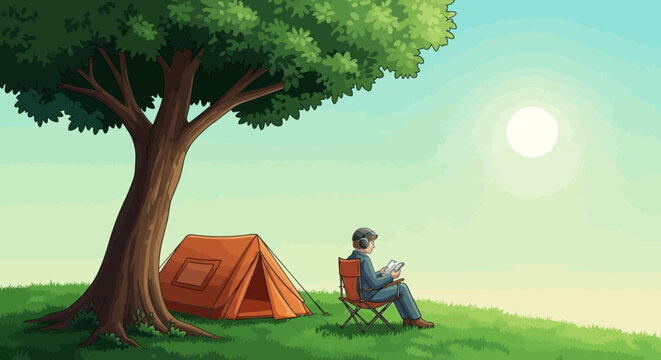 Person reading a book under a large tree next to an orange camping tent in a sunny, peaceful outdoor field.